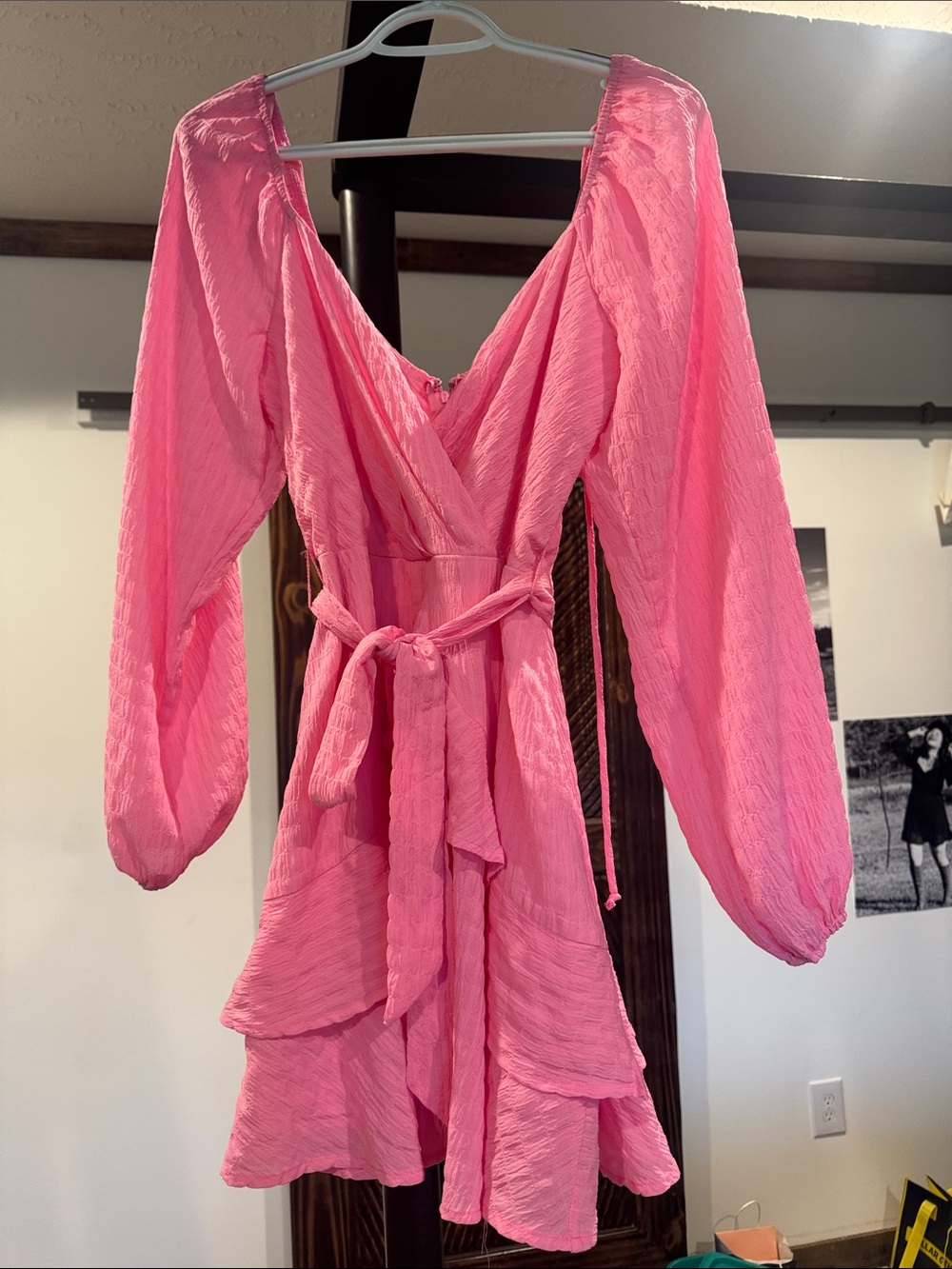 miami Pink Long Sleeve Ruffle Wrap Dress